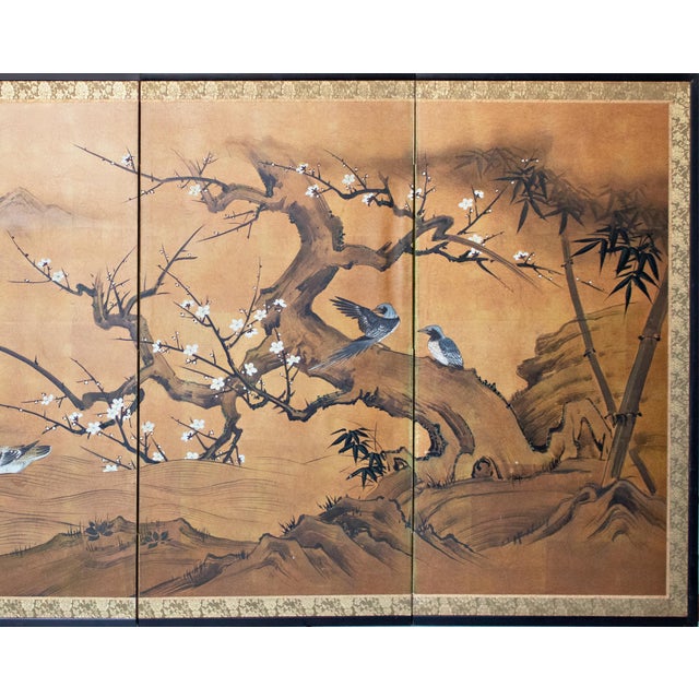 Japanese "Ancient Plum Blossoms and Mandarin Ducks" by Yukiga, 1970s Japanese Byobu Screen For Sale - Image 3 of 18