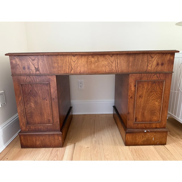 Wood Scully and Scully Burr Elm & Walnut Leather-Top Pedestal Desk With File Drawer For Sale - Image 7 of 7