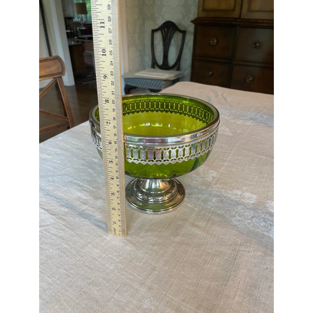 Late 19th Century Late 19th Century Antique English Green Glass and Pierced Silverplate Pedestal Bowl/Compote For Sale - Image 5 of 10