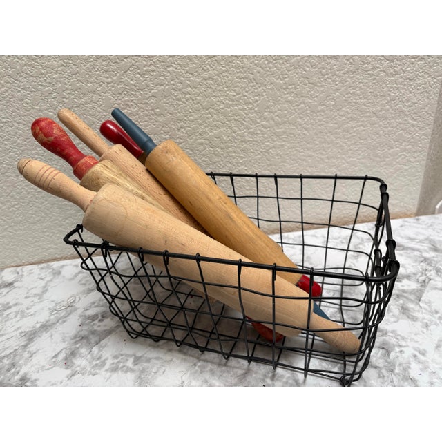 Vintage Rustic Wood Set of Assorted Rolling Pins, Set of Six With Black Metal Basket For Sale - Image 10 of 10