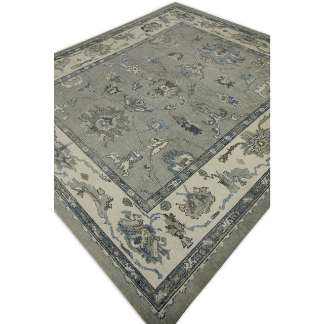 Early 21st Century Early 21st Century Gray Floral Design Handwoven Wool Turkish Oushak Rug 8'11" X 9'9" For Sale - Image 5 of 8