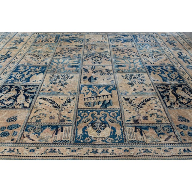 1900s Antique Navy Tan Distressed Indo Kashan Botanical Animal Allover Design Hand-Knotted Wool Low Pile Rug - 9’8“ X 12’ For Sale - Image 11 of 12