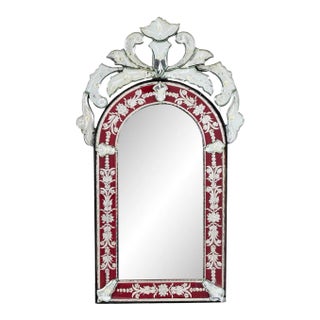 Small Venetian Red Cut to Clear Glass Mirror With Engraved Designs For Sale