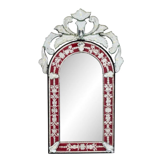 Small Venetian Red Cut to Clear Glass Mirror With Engraved Designs For Sale