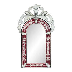 Small Venetian Red to Clear Glass Mirror With Engraved Designs