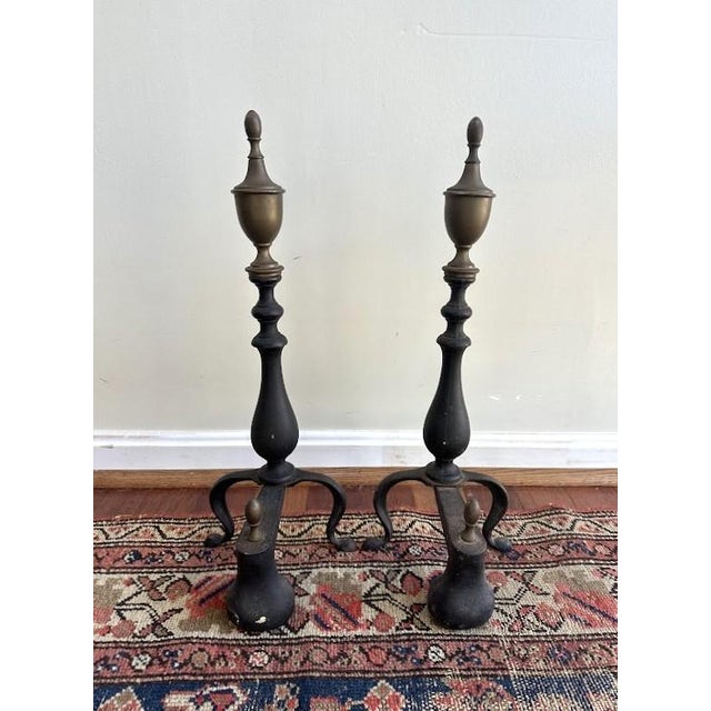 Pair of Antique Federal Style Brass and Black Painted Metal Andirons