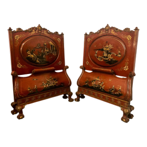 1930s Georgian Style Ball & Claw Red Chinoiserie Twin Bed Frames - Pair