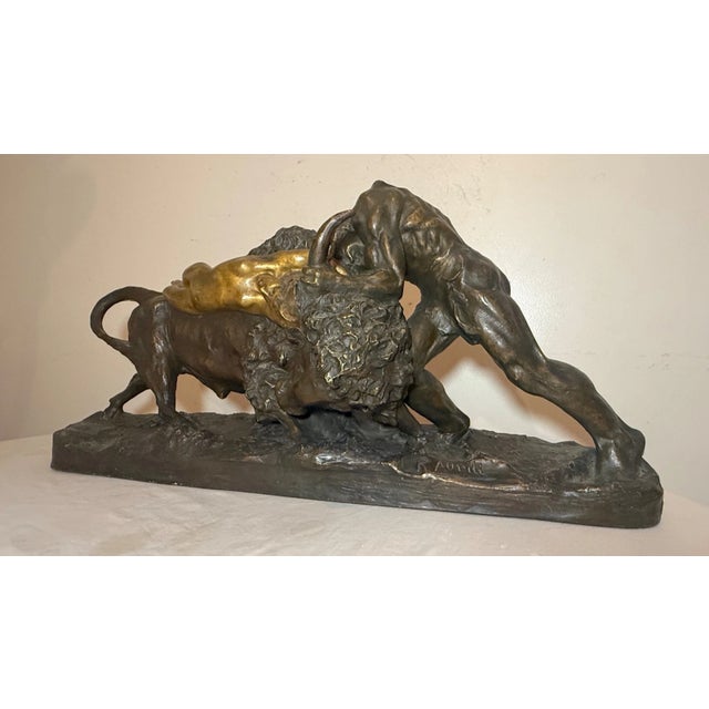 Huge Antique R Aurili Italian Hercules Bull Lady Bronze Patinated Plaster Statue For Sale In New York - Image 6 of 18
