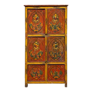 Vintage Chinese Tibetan Jewel Flower Graphic Tall Storage Cabinet