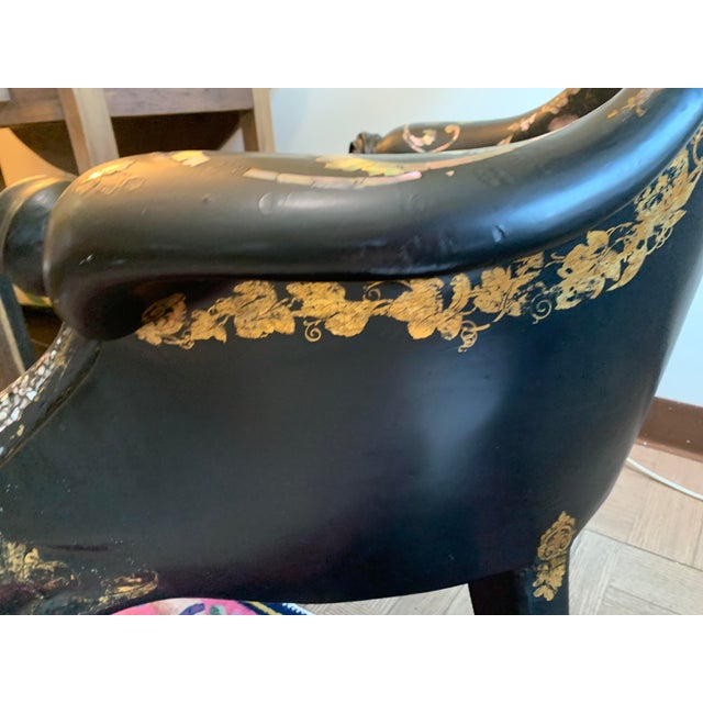 Exceptional 19th Century English Victorian Papier-Mâché Gothic Revival Black Lacquer Arm Chair For Sale - Image 6 of 17