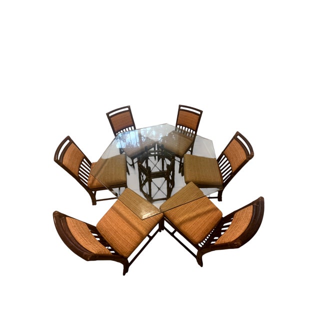 1960s McGuire Glass-Top Dining Table and Chairs – 7 Pieces For Sale - Image 14 of 17