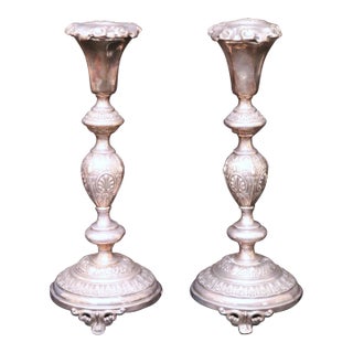 Pair of 12-Inch Antique Norblin and Co. Warsaw Silver-Plate Shabbat Candlesticks - Ornate Victorian Repoussé Judaica For Sale