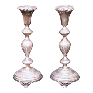 Pair of 12-Inch Antique Norblin and Co. Warsaw Silver-Plate Shabbat Candlesticks - Ornate Victorian Repoussé Judaica