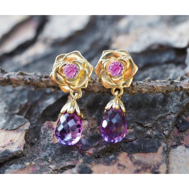 Rose Flower 14k Gold Earrings Studs For Sale - Image 4 of 10