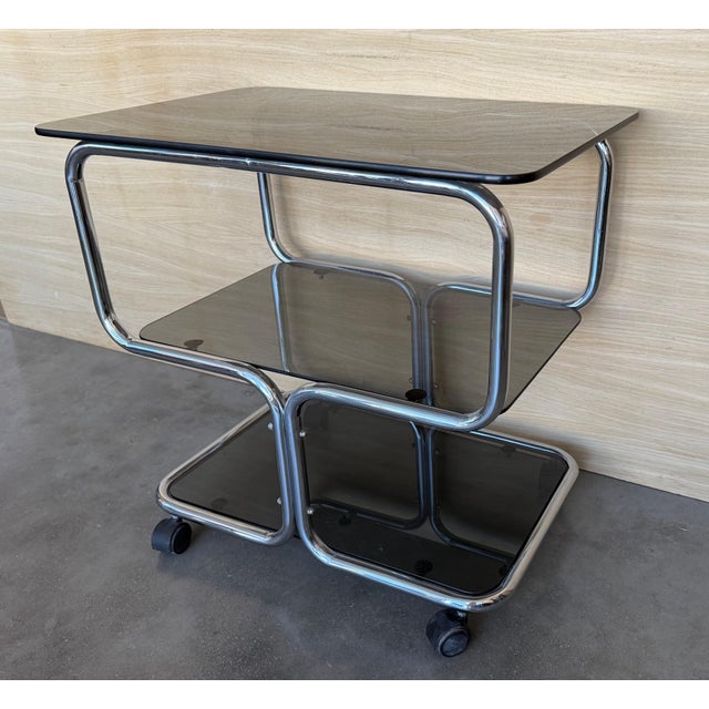 Mid Century Sleek Italian Three Tier Chrome and Glass Drinks Trolley On Castors For Sale - Image 6 of 18