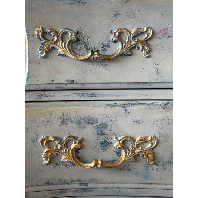 1990s Hand-Painted Bombe Chest of Drawers — Baroque Rococo | Dovetail Drawers | Distressed Blue, Gray & Gold | Maison Martine For Sale In Naples, FL - Image 6 of 8