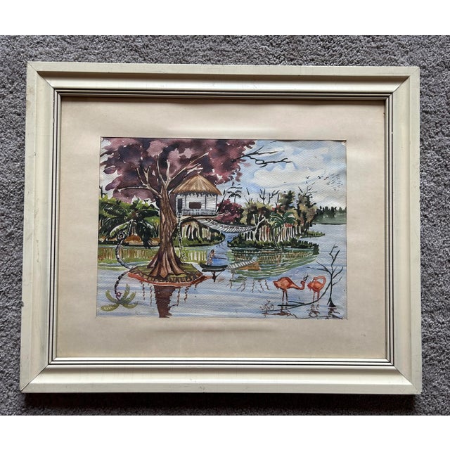Sky Blue Antique Framed Watercolor Coastal Landscape With Pink Flamingos For Sale - Image 8 of 8