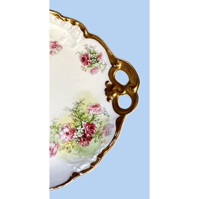 Early 20th Century Antique 1900s Jean Pouyat Limoges Hand-Painted Handled Cake Plate - Pink Roses For Sale - Image 5 of 11