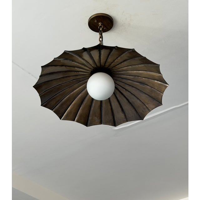 Mid-Century Modern Handcrafted Black Antique Brass Finish Pendant Light, Unique Brass Ceiling Light, Milk Glass Globe, Vintage Home Decor For Sale - Image 3 of 10