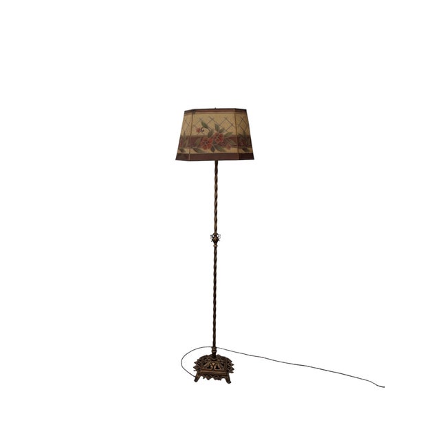 Antique Wire Mesh Rembrandt Style Shade With Painted Stenciled Red Rose and Green Floral Design on 1920s Painted Gold Floor Lamp For Sale - Image 11 of 15