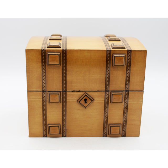 Early 20th century English satinwood box, Arts & Crafts to Art Deco. Slightly domed, travel trunk design. Greek key line...