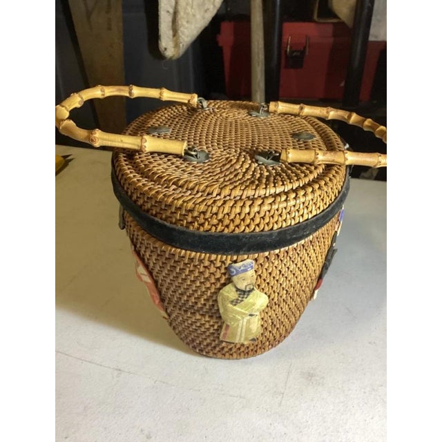 Chinese Antique Chinese Woven Wedding Basket With Silk Appliqué Decorative Basket For Sale - Image 3 of 10