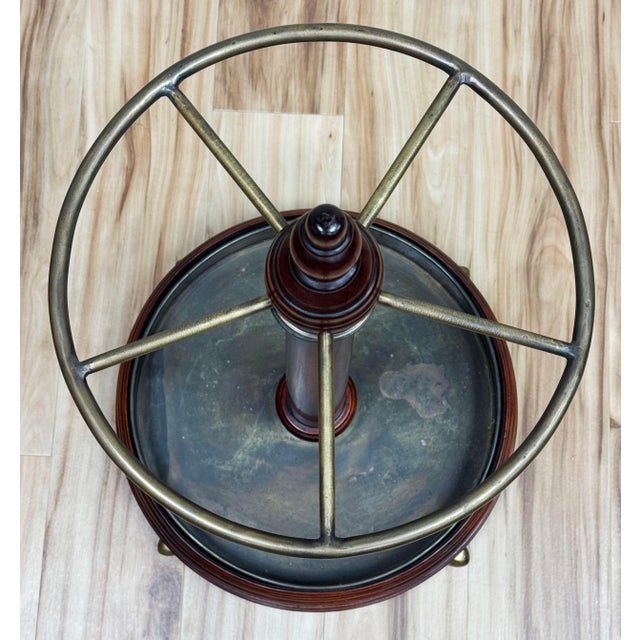 Vintage English Edwardian Style Round Wood and Brass Umbrella Stand For Sale - Image 4 of 9