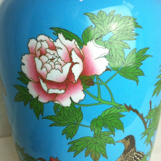 1910s Blue Floral Bird Cloisonne Vase For Sale - Image 4 of 12