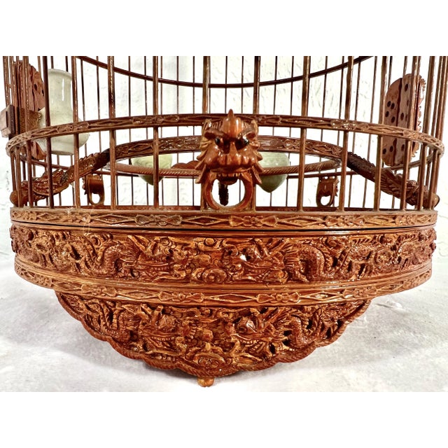1980's Vintage Intricately Hand Made Bamboo Bird Cage With Celadon Feeders and Dragons For Sale In Tampa - Image 6 of 11