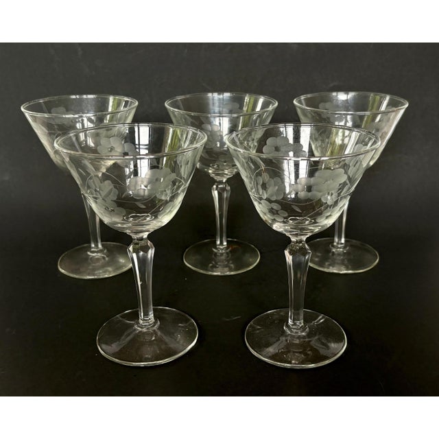 Vintage Libbey Glenmore Champagne Coupe Sherbet Glasses, Etched Floral - Set of 5 For Sale In Miami - Image 6 of 6