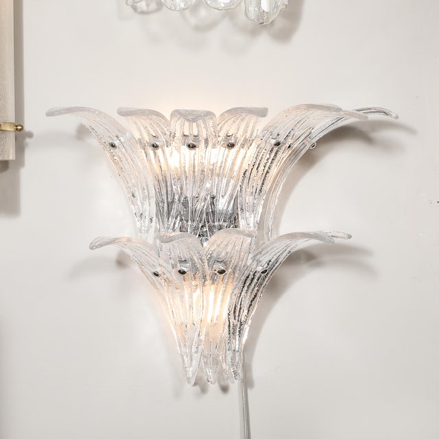 Pair of Modernist Hand-Blown Murano Clear Glass & Nickel Fitted Palma Sconces For Sale - Image 4 of 12