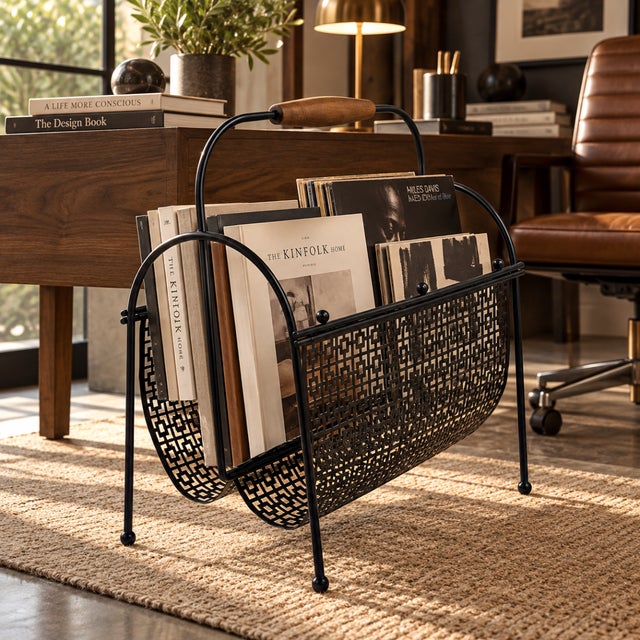 Mod Patterned Black Steel Double Magazine Lp Record Holder 1950s For Sale - Image 9 of 9