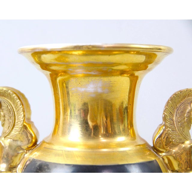 French Pair of Old Paris Gilt Porcelain Decorative Vases With Romantic Scenes For Sale - Image 3 of 14