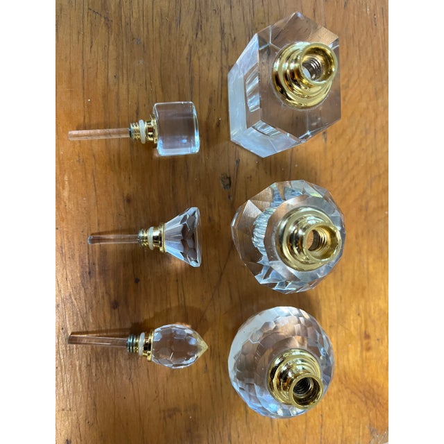 Glass Set of 3 Vintage Cut Crystal & Gold Perfume Bottles With Cut Crystal Stoppers For Sale - Image 7 of 7