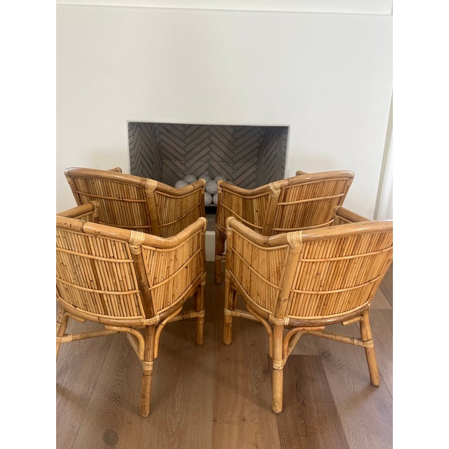 Mid-Century Modern Vintage McGuire San Francisco Rattan Barrel Back Dining Chairs With Leather Seats — Set of 4 For Sale - Image 3 of 12