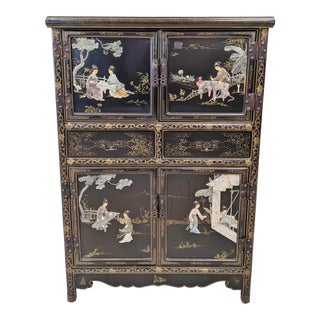 Mid-Century Modern Asian Black Lacquered Chinese Carved Stone Chinoiserie Style Cabinet For Sale
