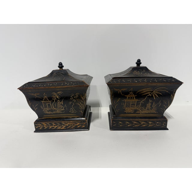 Pair, Japanned Chinoiserie Tea Caddies W/ Sifter Drawers, English C. 1830 For Sale - Image 10 of 12