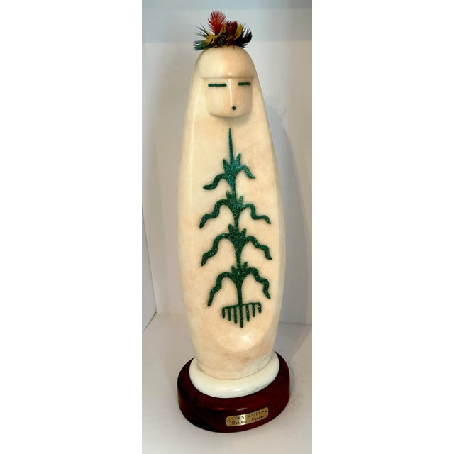 Jemez Pueblo Alabaster & Turquoise “Corn Maiden” Sculpture by Matthew Panana, C. 1990s For Sale - Image 6 of 9