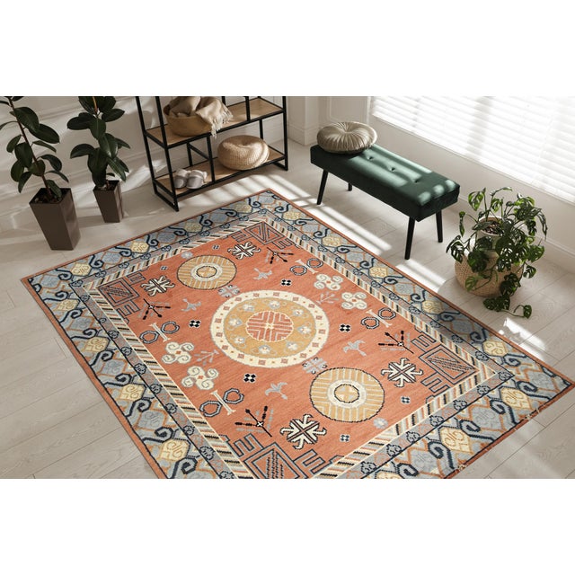 Apricot 8x10 Jade Traditional Coral Geometric Medallion Hand Knotted Wool Carpet Rug For Sale - Image 8 of 8