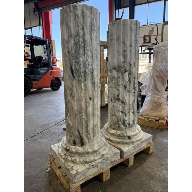 Stone Grand Fluted Verde Alpi Marble Columns on Stepped Bases, Set of 2 For Sale - Image 7 of 9