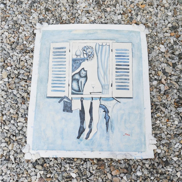 Cubism 1995 Vintage Cubist Sky Blue Oil Painting on Canvas, Signed Dated For Sale - Image 3 of 13