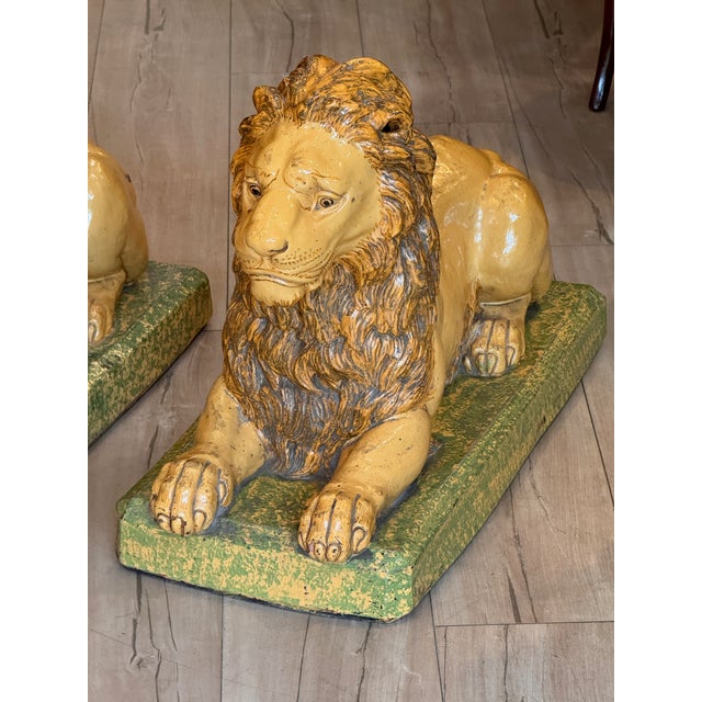 19th Century Pair of 19th Century French Faience Glazed Ceramic Recumbent Lions For Sale - Image 5 of 9
