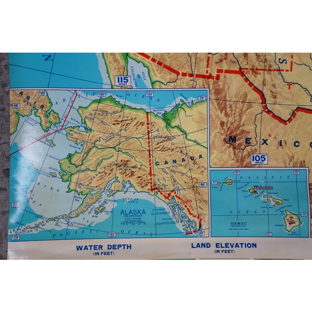 Original Mid Century Cram’s Pull Down Us School Map Usa Wall Map Geography 63" For Sale - Image 9 of 18