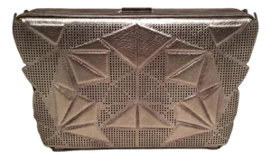 Tonya Hawkes Silver Metallic Embossed and Laser Cut Leather Convertible Clutch