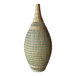 Circa 1970 Earthenware Floor Vase Celadon-Hued Wrapped in Seagrass Twine, Vietnam
