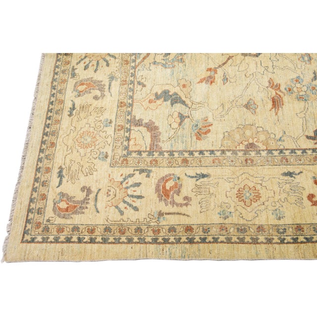 Tan Modern Sultanabad Handmade Floral Motif Wool Rug For Sale - Image 4 of 12