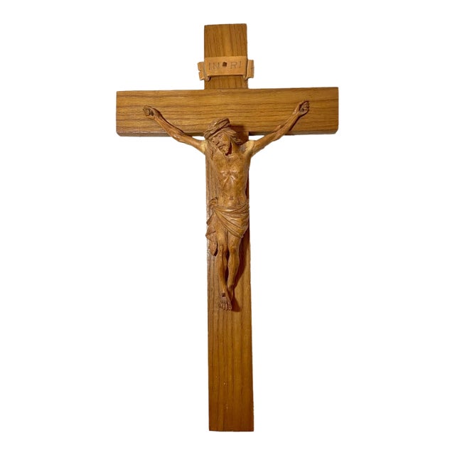 Antique Hand Carved Wood Religious Jesus Christ Crucifix Cross Sculpture God For Sale
