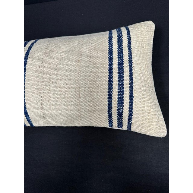 Turkish Hemp Pillow Cushion Natural Beige Blue Cushion Cover 14"x45" For Sale - Image 4 of 4