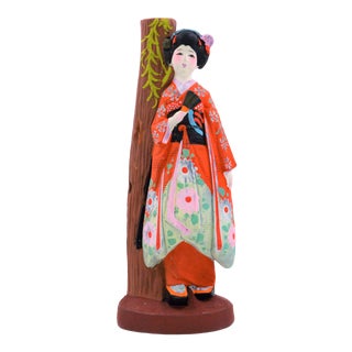 Mid Century Japanese Geisha Statue Clay Doll Wabi Sabi Handmade Vintage Hakata Kyoto Vintage For Sale