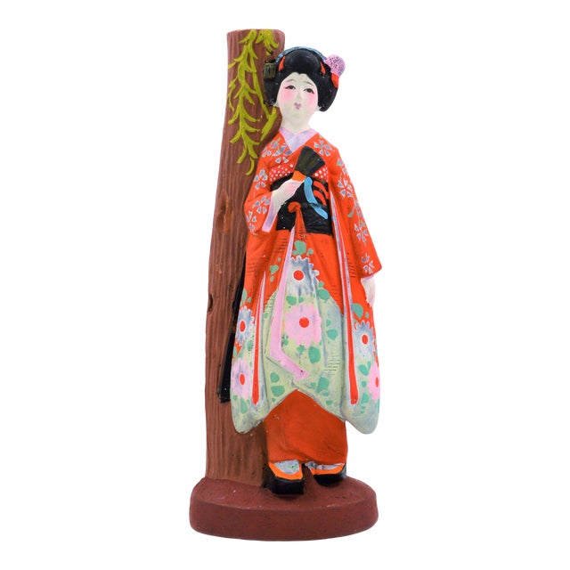 Mid Century Japanese Geisha Statue Clay Doll Wabi Sabi Handmade Vintage Hakata Kyoto Vintage For Sale